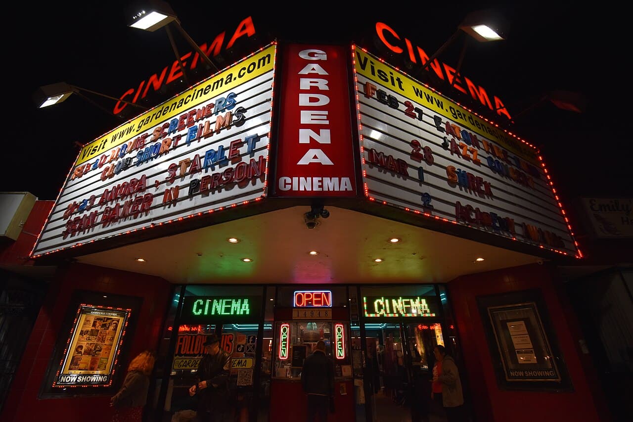 Exterior or interior view of Gardena Cinema, an art house theater in Gardena, California. Photo: Photo by Fred Cherrygarden, CC BY-SA 4.0, via Wikimedia Commons